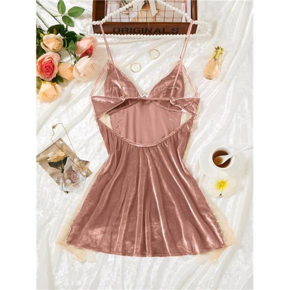 ROMANTIC Valentine's Day Lingerie Pale Pink Velvet & Lace Nightie Mini Nighty - Picture 5 of 8